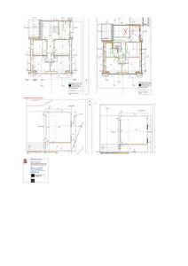 Bildet viser en arkitekttegning med flere etasjeplaner (eller snittplaner) for en bygning, inkludert romfordeling, vegger og dimensjoner.