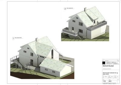 3D-visualisering (aksometri) av en husfasade før og etter endringer, inkludert terrasse og trapp.