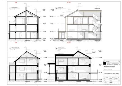 Tegning som viser tverrsnitt av en bygning før og etter endringer, inkludert romfordeling, takkonstruksjon og trapp.
