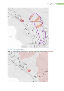 Bildet viser to kart som illustrerer et område i Gjerde. Øverste kart viser eiendomsgrenser (lilla) og en markert eiendom (rød sirkel). Nedre kart viser snøskred-faresoner (rødt prikket mønster) og samme markerte eiendom. Kartene er brukt til å vise situasjon og risiko.