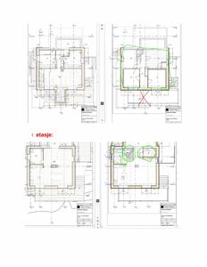 Bildet viser fire arkitektoniske tegninger som viser romfordeling og veggkonstruksjoner for ulike etasjer av en bygning. Teksten '1. etasje' bekrefter at det er etasjeplaner.