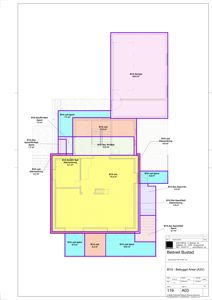 Etasjeplan som viser romfordeling og arealoppdeling for en bygning kalt 'Beitveit Bustad'.