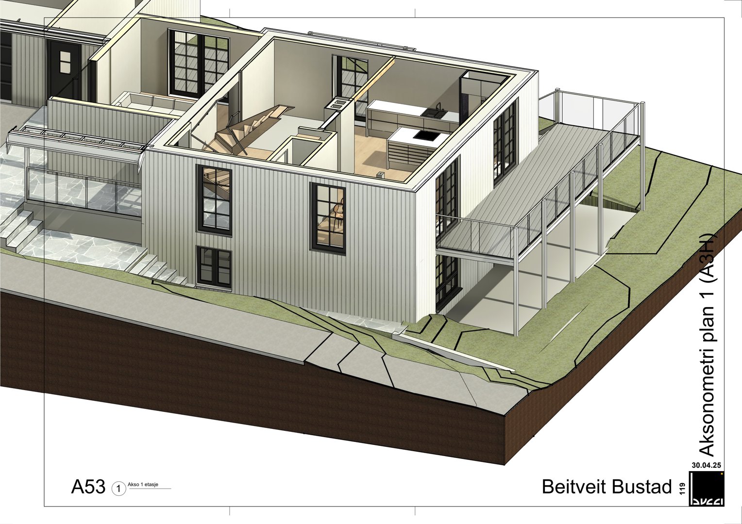 En aksonometrisk visualisering (3D-illustrasjon) av en bygning med utsnittet av fasade og innvendig romfordeling.