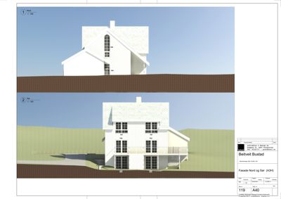 Fasadetegning som viser bygningens utseende sett fra nord og sør, inkludert vinduer, takform og trapper.
