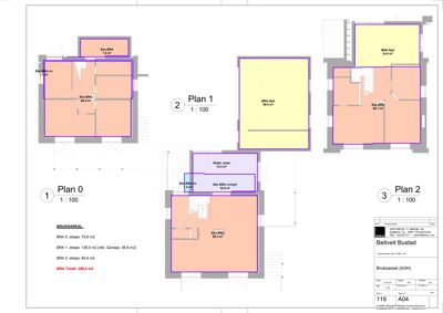 Etasjeplaner (Plan 0, Plan 1, Plan 2) som viser romfordeling og bruksareal for en bygning.