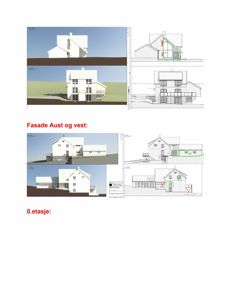 Bildet viser fasadetegninger for en bygning, inkludert 3D-visualiseringer og tekniske oppriss for Aust- og Vestfasaden.