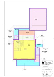 Etasjeplan som viser romfordeling, arealoppdelinger (BYA, BYA nytt, BYA Eks) og funksjonelle soner i et hus.