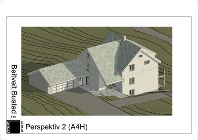 3D-visualisering (rendering) av en husmodell i etasjeplan med omgivende terrenglinjer.