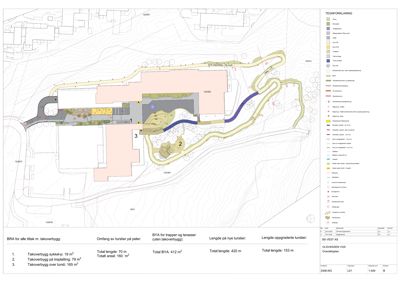 Situasjonsplan som viser tomtens form, terrengforhold, eksisterende og planlagt beplantning, samt plassering av nye bygg og anlegg.