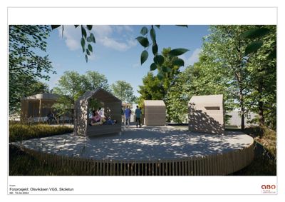 3D-visualisering av et forprosjekt for Olsvikåsen VGS i Skoletun, som viser en utendørs plass med tre små hytter og en rund terrasse.