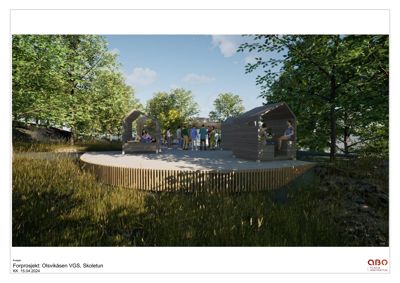 3D-visualisering av et forprosjekt for en utendørs møteplass eller hytteområde ved Olsvikåsen VGS.