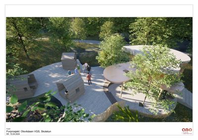 3D-visualisering (rendering) av et forprosjekt for Olsvikåsen VGS i Skoletun. Bildet viser en oversiktsvisning av bygningene sett fra luften, med omgivende natur, trær og mennesker for å gi skala og kontekst.