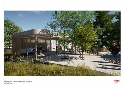 3D-visualisering av et forprosjekt for en bygning ved Olsvikåsen VGS, med omgivende landskap og personer for skala.