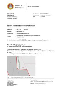 Kartutsnitt (Fig 1-1) som viser eiendomsgrenser og nabogrense for gnr 123 bnr 1 i Bergen kommune.