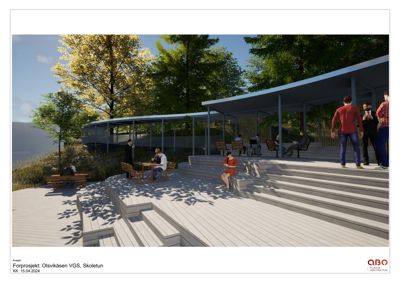 3D-visualisering av et forprosjekt for en utendørs møteplass eller amfi med trapper, dekket og benker.