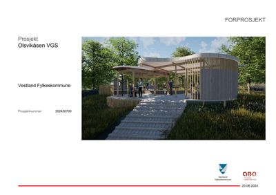 3D-visualisering av en planlagt bygning (Olsvikåsen VGS) sett fra utsiden, inkludert omgivelser.