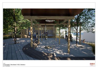 3D-visualisering (rendering) av et forprosjekt for en utendørs plass med et trehus, henger og planter.