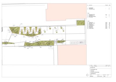 Situasjonsplan som viser tomtens grenser, beplantning, veier og bygningers plassering.