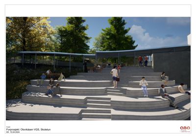 3D-visualisering av et utendørs amfiteater eller terrassetomte med mennesker, trær og en del av en bygning.