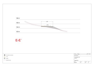 Snittegning (E-E') som viser terrengprofil og grunnforhold.