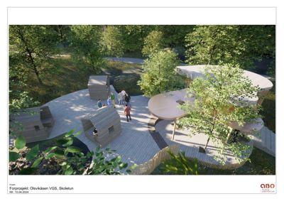 3D-visualisering (rendering) av et forprosjekt for en utvidelse av en skole. Bildet viser bygningene, omgivelsene og beplantning sett fra en høy vinkel.