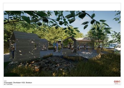 3D-visualisering av et forprosjekt for en utendørs aktivitetssone med hytter og en gangbro.