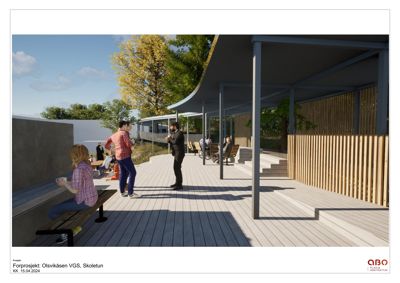 3D-visualisering av en uteplass med møbler, planter og personer for å illustrere bruk og atmosfære.