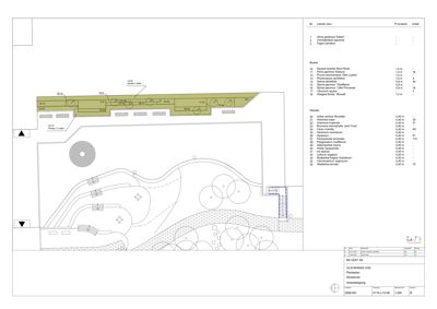 Situasjonsplan som viser plassering av bygning, trapper, vegger og planter i forhold til hverandre.