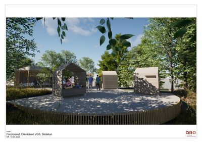 3D-visualisering av et forprosjekt for Olsvikåsen VGS i Skoletun, som viser en utendørs plattform med hytter og omgivelser.