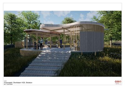 3D-visualisering av et forprosjekt for en bygning i Olsvikåsen VGS, Skoletun.