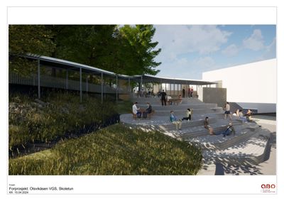 3D-visualisering av et forprosjekt for Olsvikåsen VGS, som viser en utendørs terrasse med trapper, en skyggevegg og omgivende natur.