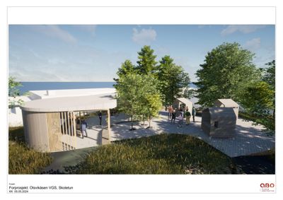 3D-visualisering av et forprosjekt for Olsvikåsen VGS i Skoletun, som viser bygninger, landskap og mennesker i en realistisk illustrasjon.
