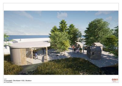 3D-visualisering (rendering) av et forprosjekt for Olsvikåsen VGS i Skoletun. Bildet viser bygningene, landskapet, trær og mennesker i en realistisk, men illustrativ stil.