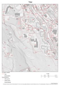 Situasjonsplan som viser eiendomsgranser, eiendomsnummer, topografi og bygningsplassering i et område.