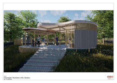 3D-visualisering (rendering) av et forprosjekt for en bygning ved Olsvikåsen VGS. Bildet viser fasade, materialvalg og omgivelser.