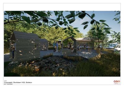 3D-visualisering av et forprosjekt for Olsvikåsen VGS i Skoletun, som viser bygningene, landskapet og brukere i en realistisk setting.