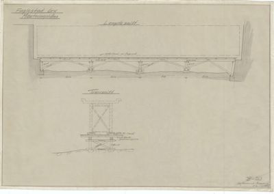 Snittegning av Fuglestad bru som viser monteringshallas konstruksjon (lengdesnitt og tverrsnitt).