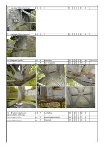 Fotografier av rust og skader på en bygning, inkludert steinvegger og stålkonstruksjoner.
