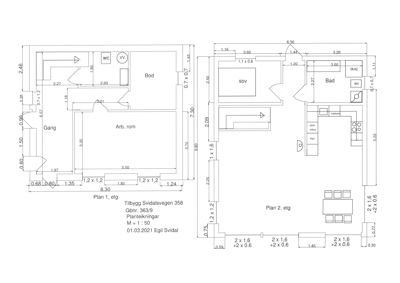 Plantegning som viser romfordeling og mål for etasjene 1 og 2 i en bolig.