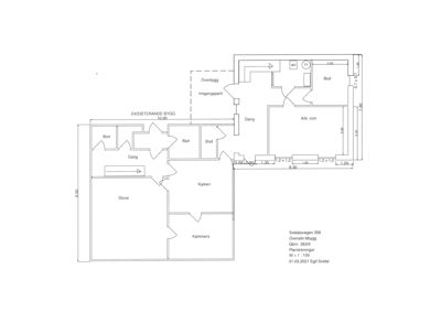 Etasjeplan (oversiktsplan) for en eksisterende bygning med planlagt tilbygg. Planen viser romfordeling (stove, kjøkken, bad, bod, gang, arb. rom), dimensjoner og en skisse av inngangsparti.