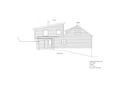 Fasadetegning av en bygning sett fra vest, med tegningstittel 'Fasade Vest' og detaljer om takform, vinduer og veggmønster.