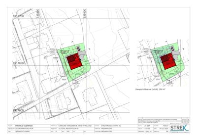 Situasjonsplan som viser tomtens grenser, nabolag, veier og plassering av bygningene.