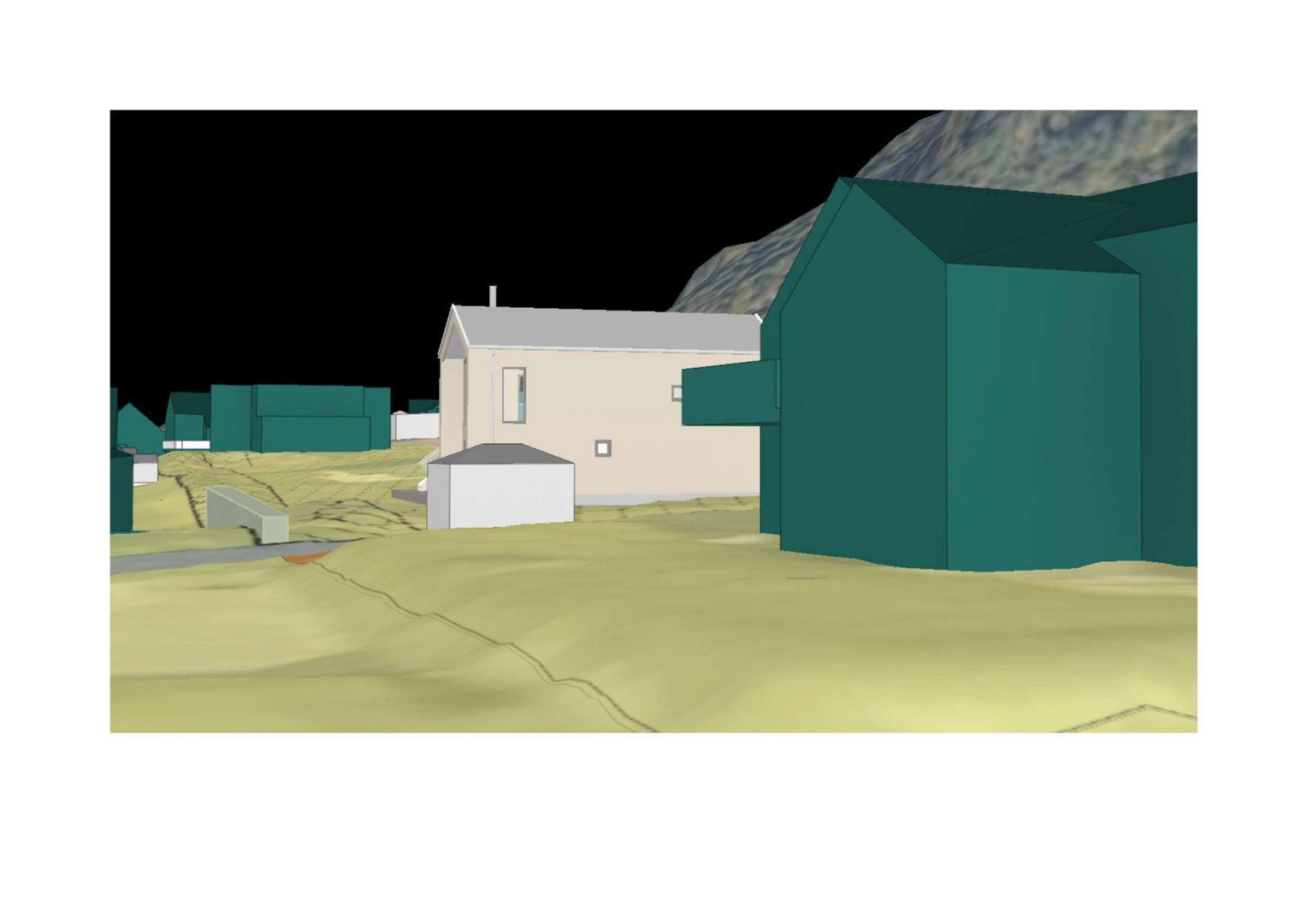 3D-visualisering av en bygning i et landskap med naboer.