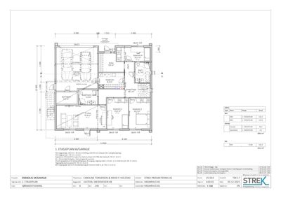 Etasjeplan (1. etasje) som viser romfordeling, dimensjoner og arealoppdeling for en bolig.