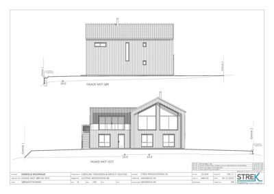 Fasadetegning som viser bygningens utseende sett fra sør og vest, inkludert detaljer om vinduer, dører, takform og grunnplan.