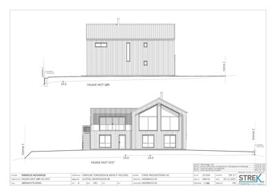 Fasadetegning som viser bygningens utseende fra vest og sør, inkludert vinduer, takform og fasadematerialer.