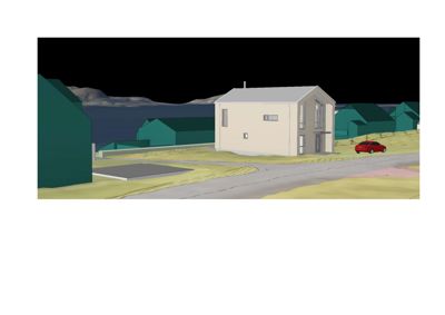 3D-visualisering (rendering) av en husfasade sett fra utsiden, med omgivende natur og nabolag.