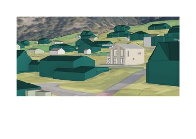 3D-visualisering av et boligfelt med en fremhevet bygning i forgrunnen.