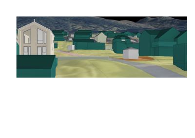 3D-visualisering av et boligområde med fokus på en fremhevet husmodell i forgrunnen.