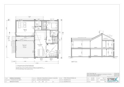 Bildet viser en etasjeplan (etasjeplan M/Takterrasse) og et snitt (SNITT A-A) av en bygning, med romfordeling, mål og konstruksjonsdetaljer.
